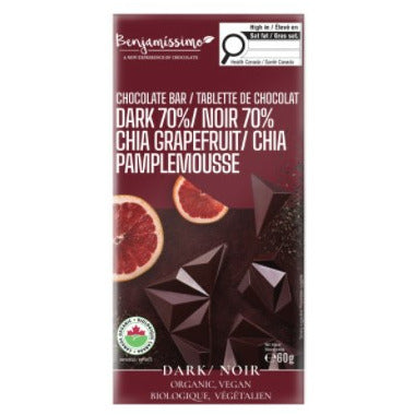 Tablette chocolat noir 70% - Chia, Pamplemousse biologique - 60g - Benjamissimo