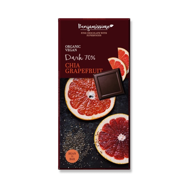 Tablette chocolat noir 70% - Chia, Pamplemousse biologique - 70g - Benjamissimo