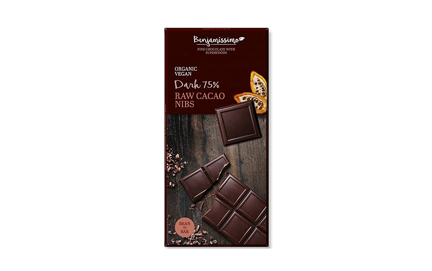 Tablette chocolat 75% noir fèves de cacao crus biologique - 70g -Benjamissimo